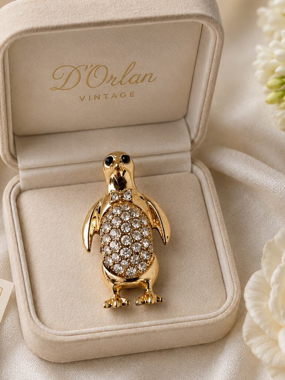 Vintage D’Orlan Gold Penguin Brooch Rhinestone Crystal Pin Statement Jewelry
